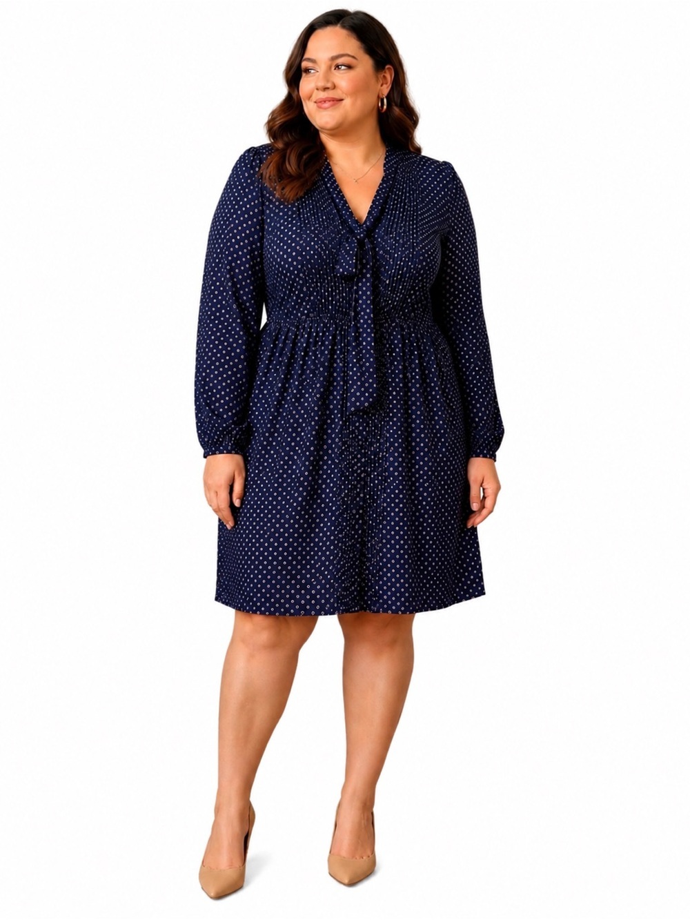 Banana Republic Navy Polka Dot Tie-Neck Long-Sleeve Dress